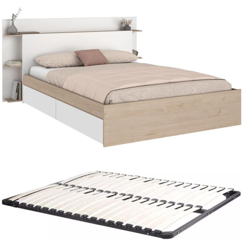 foto del prodotto vente-unique - letto 140 x 190 200 cm con 4 cassetti naturale e bianco rete - tilonide