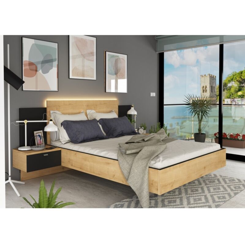 foto del prodotto vente unique letto 140x190 cm rovere e grafite locri