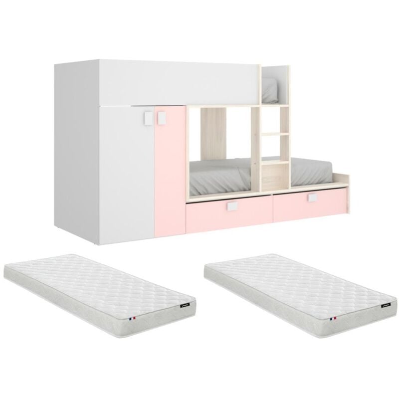foto del prodotto vente unique letto a castello 2 x 90 x 190 cm armadio integrato bianco, naturale e rosa materasso juanito