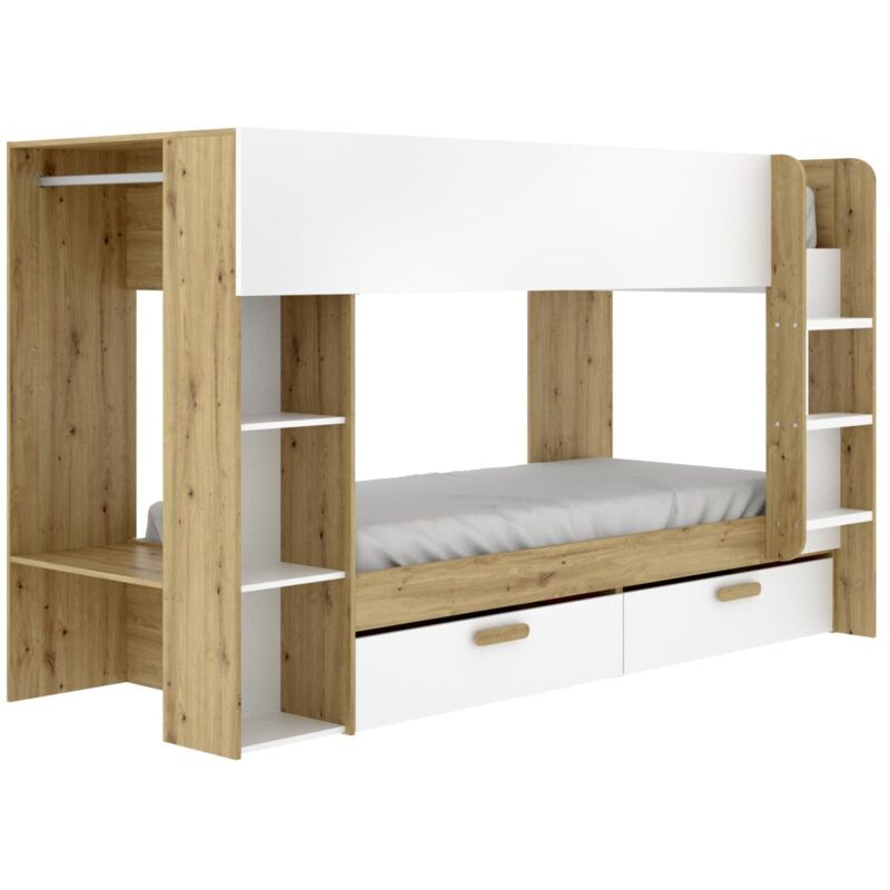 foto del prodotto vente unique letto a castello 2 x 90 x 200 cm con vani portaoggetti e bastone appendiabiti bianco e naturale ozana