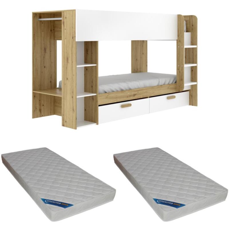 foto del prodotto vente unique letto a castello 2x90x200 con vani portaoggetti e bastone appendiabiti bianco e naturale materasso ozana