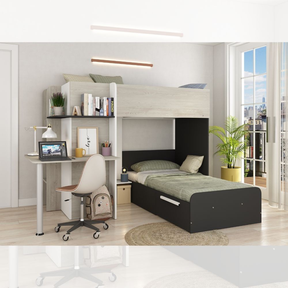 foto del prodotto vente unique letto a castello ad angolo con scrivania 2 x 90 x 190 cm grigio, bianco e nero samuel