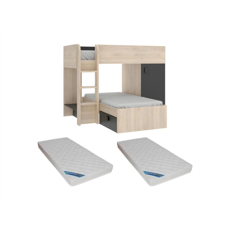 foto del prodotto vente unique letto a castello ad angolo reversibile vani portaoggetti integrati 2x90x190 cm rovere e antracite materasso ricardo