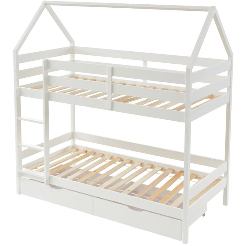 foto del prodotto vente unique letto a castello capanna 2 x 90 x 190 cm 2 cassetti pino bianco chori
