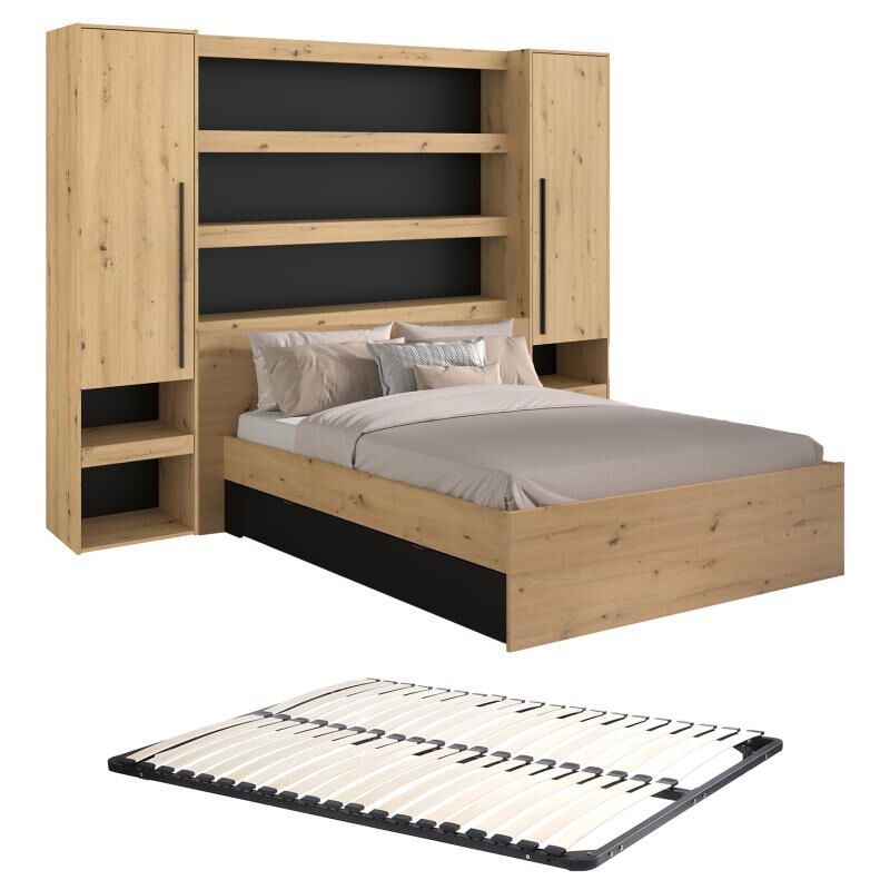 foto del prodotto vente unique letto a ponte 160 x 200 cm con vani portaoggetti con led naturale e nero rete varly