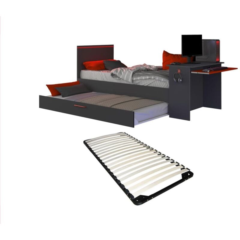 foto del prodotto vente unique letto a scomparsa gamer 2 x 90 x 200 con scrivania led antracite e rosso rete vouani