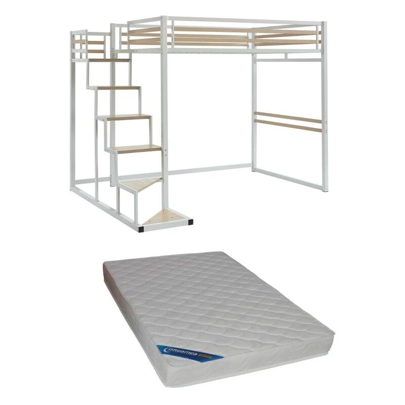 foto del prodotto vente unique letto a soppalco 140 x 200 cm metallo e mdf bianco materasso jogui