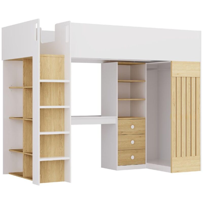 foto del prodotto vente unique letto a soppalco 90 x 190 cm con vani scrivania e bastone appendiabiti bianco e naturale lorinti