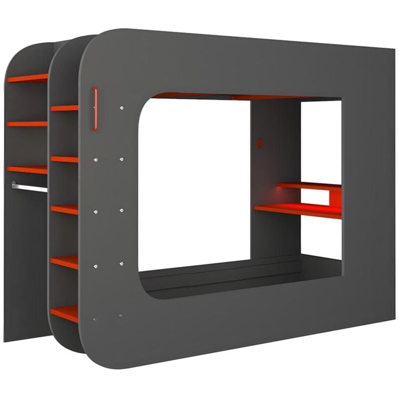 foto del prodotto vente unique letto a soppalco gamer con scrivania, scomparti e led 90 x 200 cm antracite e rosso warrior