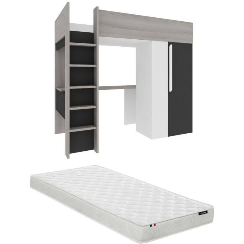 foto del prodotto vente unique letto a soppalco materasso con armadio e scrivania 90 x 200 cm antracite e bianco nicolas ii