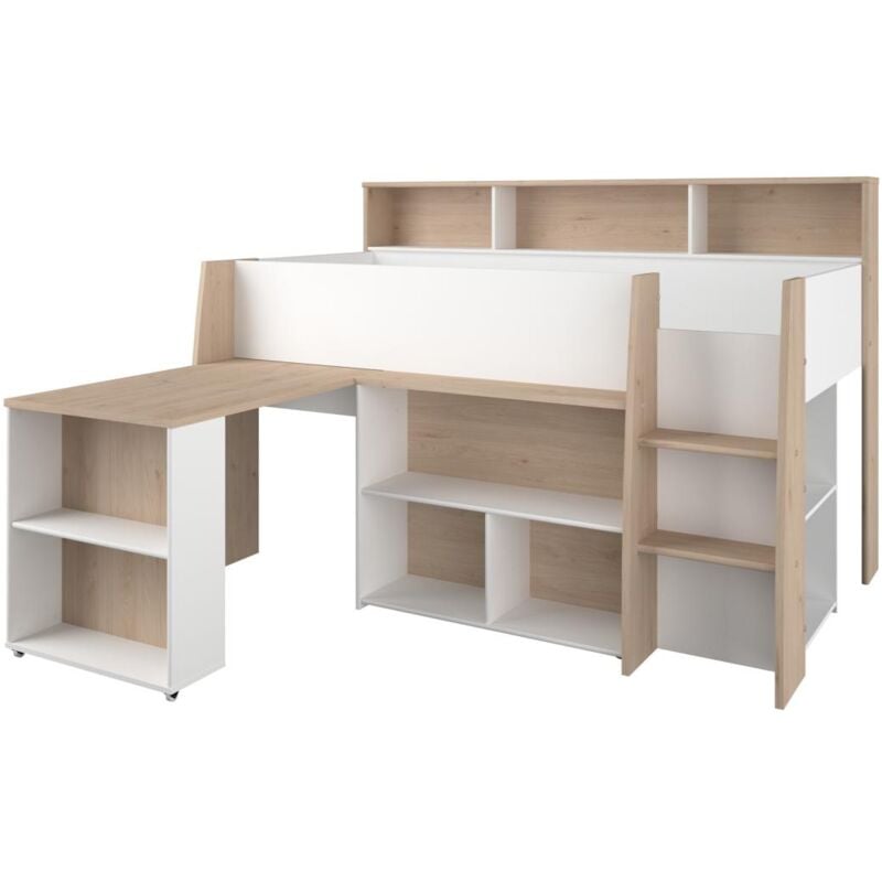 foto del prodotto vente unique letto combinato 90 x 200 cm con scrivania e scomparti bianco e naturale apolino