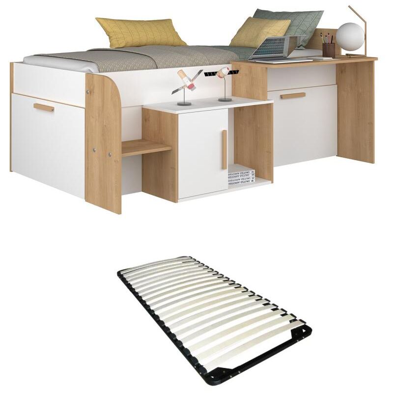 foto del prodotto vente unique letto combinato 90 x 200 cm con scrivania e scomparti bianco e naturale rete pedro