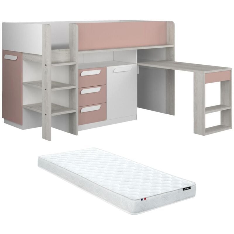 foto del prodotto vente-unique - letto combinato 90 x 200 cm con scrivania e scomparti rosa, naturale e bianco + materasso - loukala