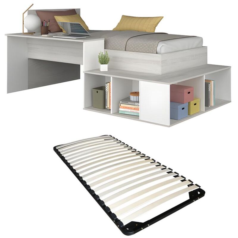 foto del prodotto vente unique letto combinato con vani portaoggetti e scrivania 90 x 200 cm naturale e bianco rete rigali