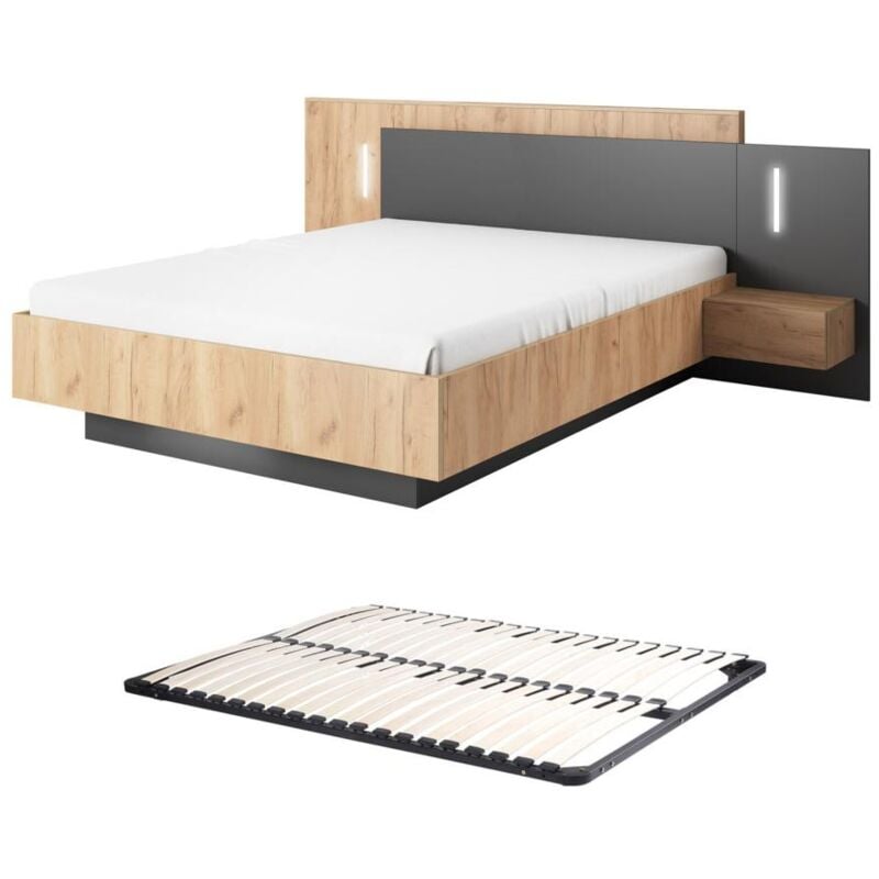 foto del prodotto vente unique letto con comodini 140 x 190 cm 2 cassetti con led naturale e antracite rete francoli