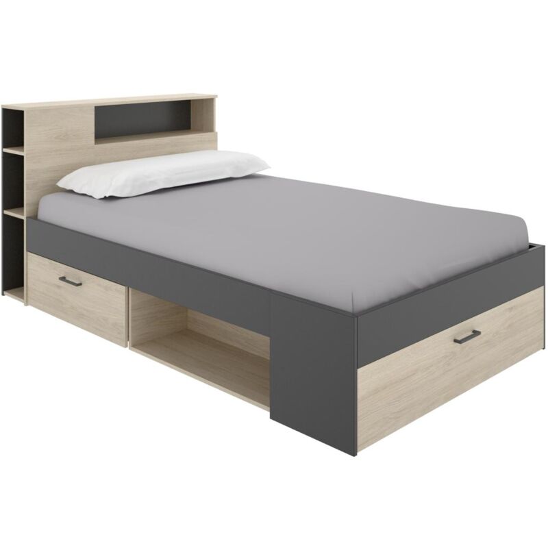 foto del prodotto vente unique letto con testata con vani portaoggetti e cassetti 120 x 190 cm naturale e antracite leandre