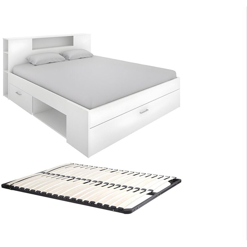 foto del prodotto vente-unique - letto con testata con vani portaoggetti e cassetti 140 x 190 cm bianco rete leandre