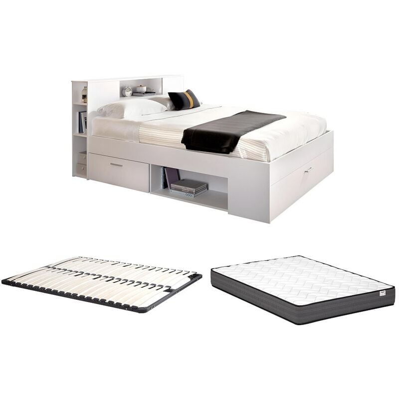 foto del prodotto vente-unique - letto con testata con vani portaoggetti e cassetti 140 x 190 cm bianco rete materasso leandre