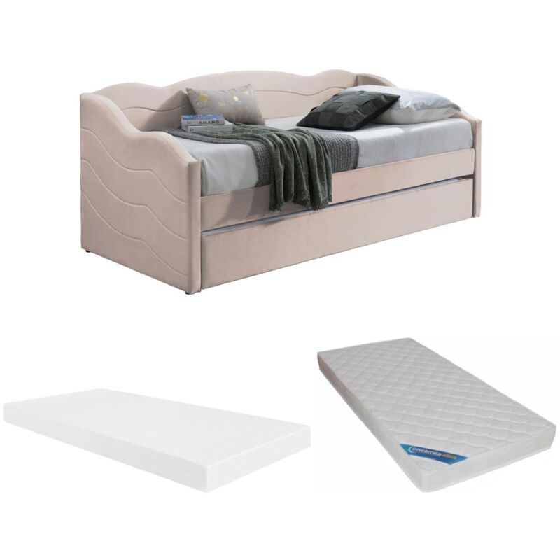 foto del prodotto vente unique letto divano a scomparsa 2 x 90 x 190 cm velluto rosa materasso lenvia