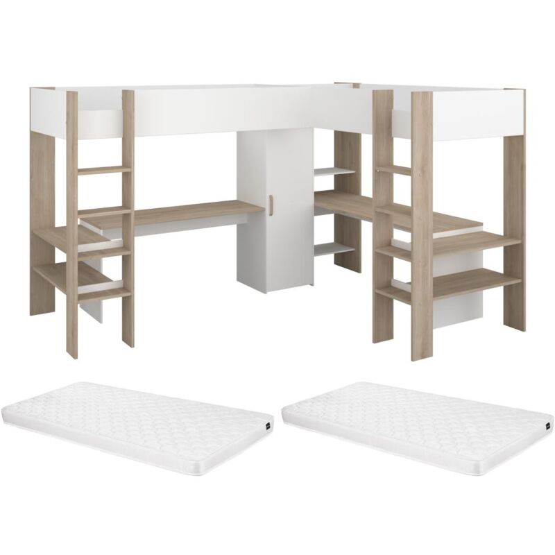 foto del prodotto vente unique letto matrimoniale angolare a soppalco 2x90x200 con vani e scrivania bianco e naturale materasso lascano