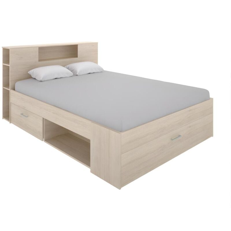 foto del prodotto vente unique letto matrimoniale con testiera portaoggetti e cassetti 160 x 200 cm colore naturale leandre