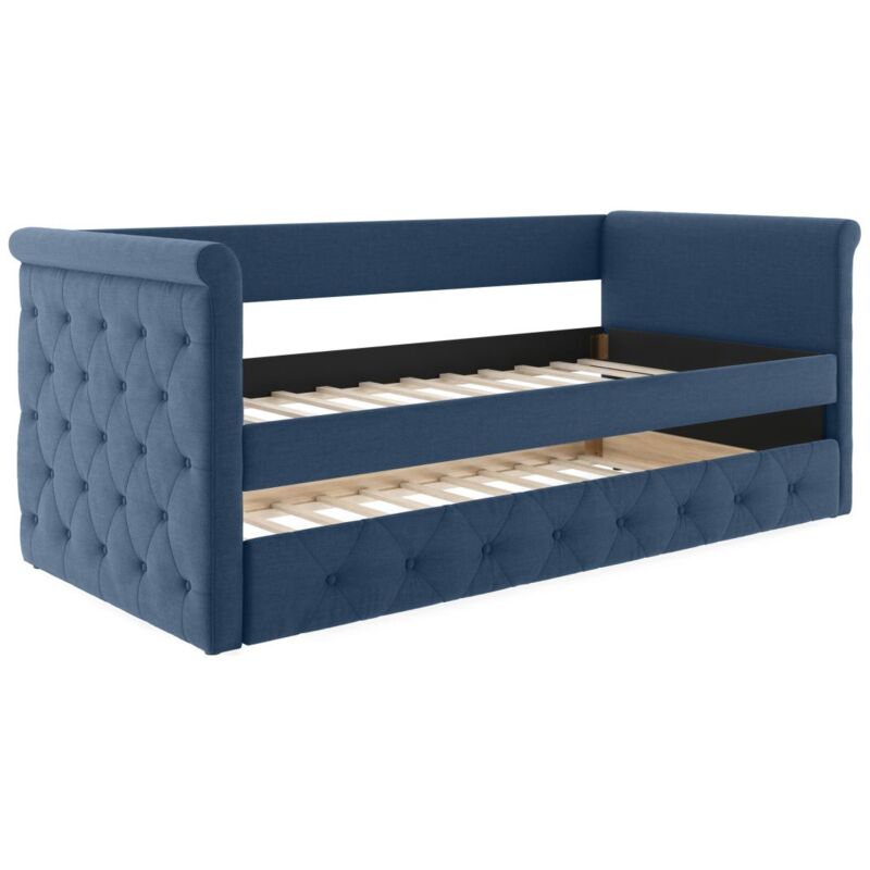 foto del prodotto vente unique letto singolo con letto estraibile capitonn 2 x 90 x 190 cm in tessuto blu louise