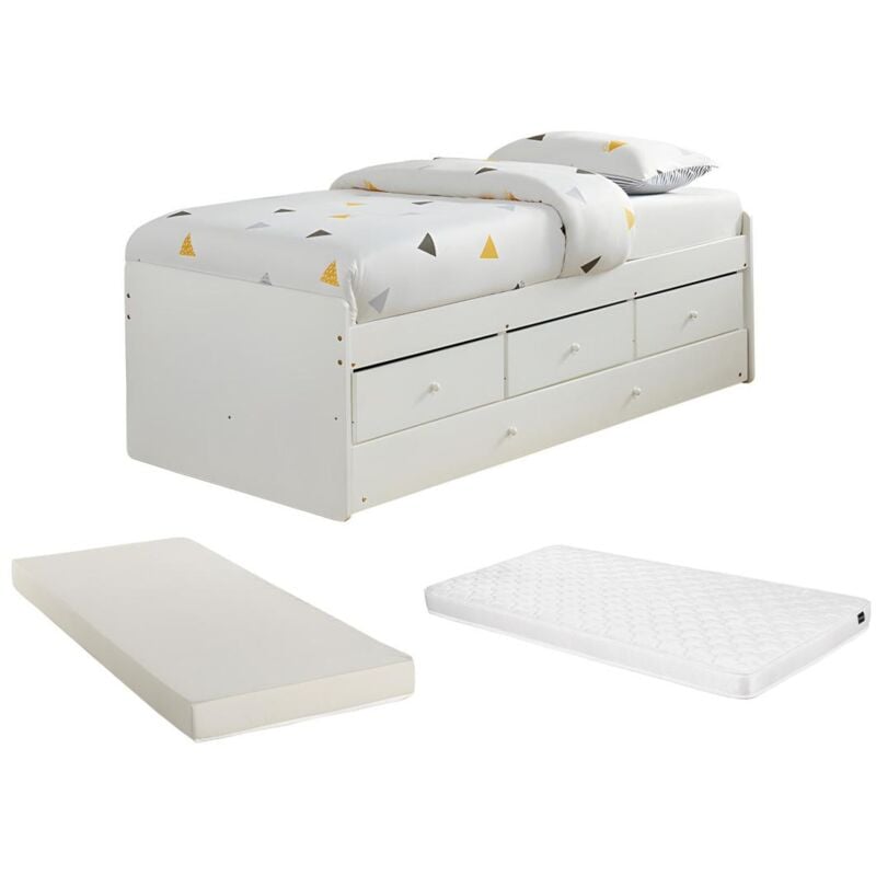 foto del prodotto vente unique letto singolo con letto estraibile e 3 cassetti 90 x 190 cm in mdf e pino bianco materasso titouan
