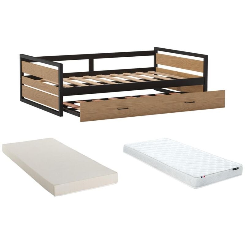 foto del prodotto vente unique letto singolo con letto estraibile stile industriale materasso 2 x 90 x 190 cm mdf, pino e metallo boston