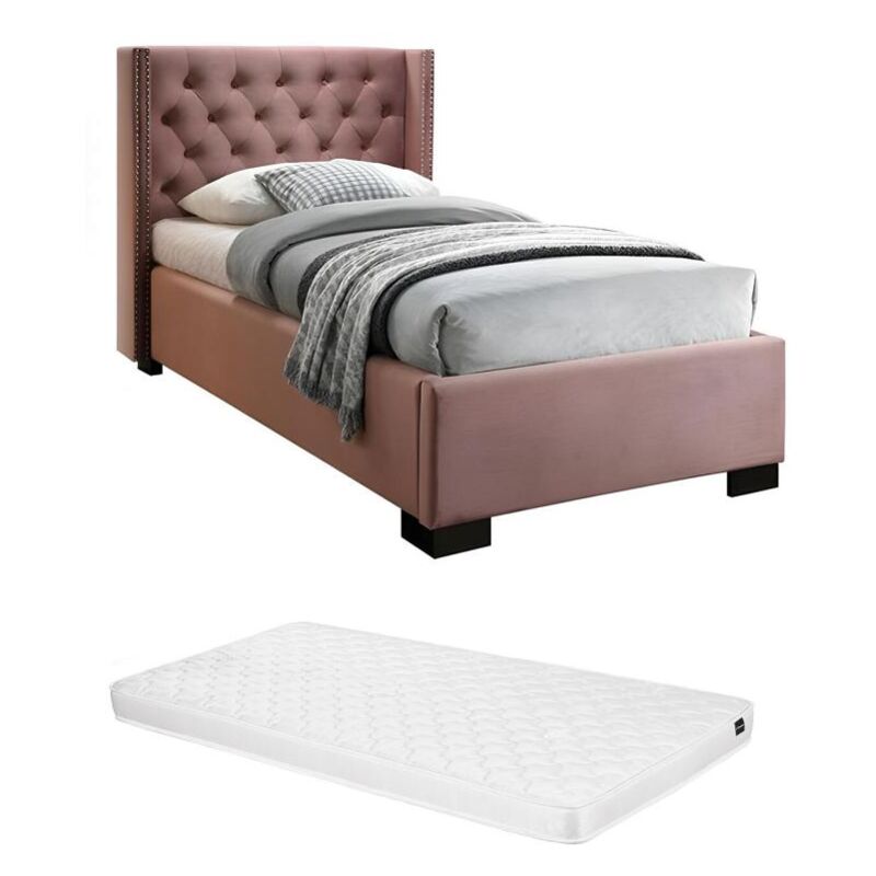 foto del prodotto vente unique letto testata letto trapuntata 90 x 200 cm velluto rosa materasso massimo
