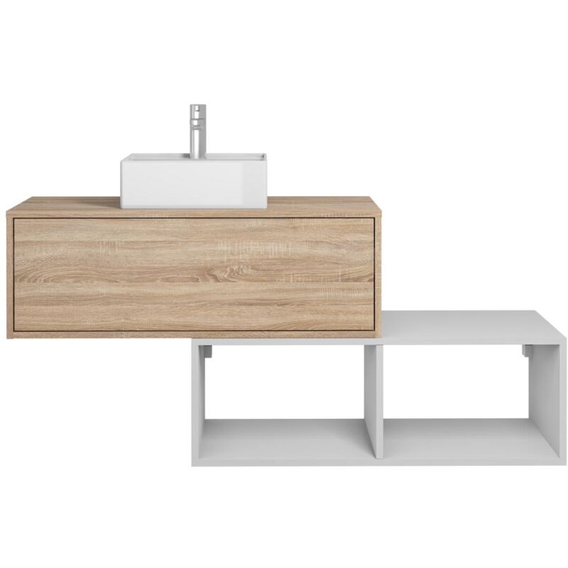 foto del prodotto vente unique mobile bagno sospeso con lavabo quadrato 1 cassetto naturale chiaro e 2 nicchie bianche 94 cm teana ii