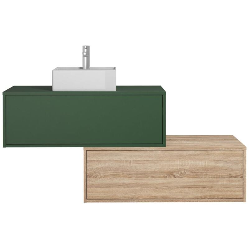 foto del prodotto vente unique mobile per bagno sospeso con lavabo singolo quadrato e due cassetti 94 cm verde e naturale chiaro teana ii
