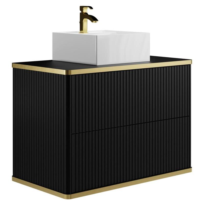 foto del prodotto vente unique mobile per bagno sospeso con scanalature con profilo dorato e lavabo da appoggio nero 80 cm keliza