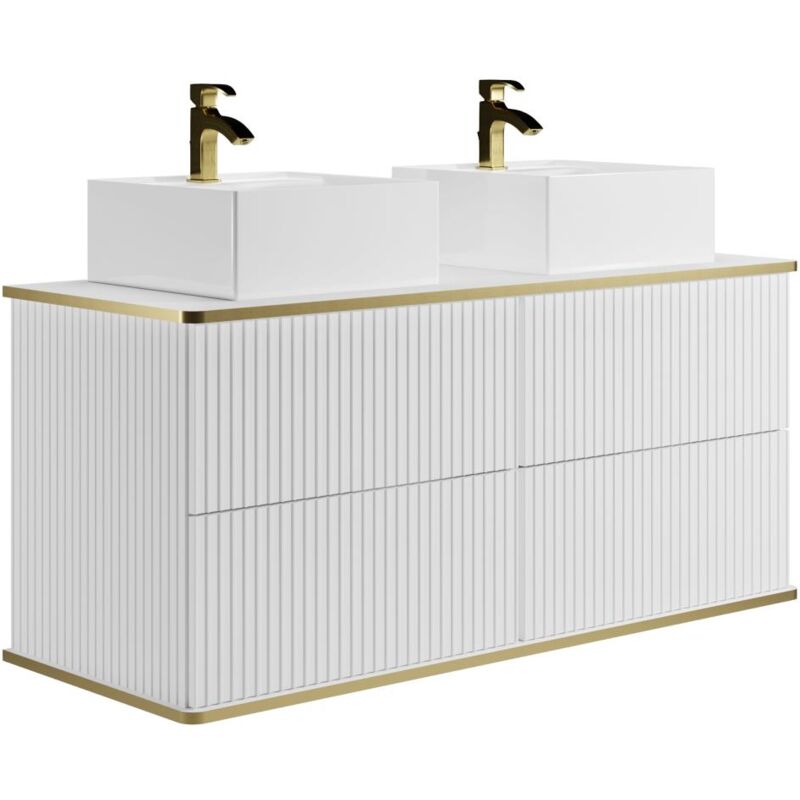 foto del prodotto vente unique mobile per bagno sospeso con scanalature con profilo dorato e lavabo doppio da appoggio 120 cm bianco keliza