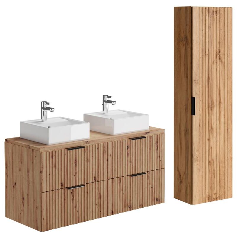 foto del prodotto vente unique mobile per bagno sospeso con scanalature e lavabo da appoggio e colonna 120 cm naturale chiaro zevara