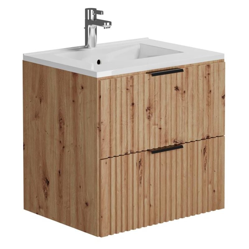 foto del prodotto vente unique mobile per bagno sospeso con scanalature e lavabo da incasso 60 cm naturale chiaro zevara