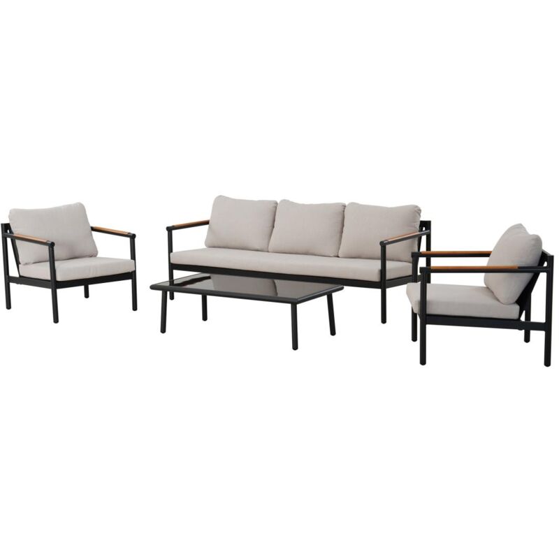 foto del prodotto vente unique salotto giardino alluminio un divano 3 posti, 2 poltrone e un tavolino nero cuscini beige lakit di mylia