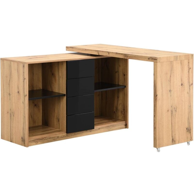 foto del prodotto vente-unique - scrivania allungabile con piano girevole a 360° mdf naturale e nero - pavelo