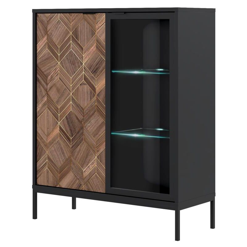 foto del prodotto vente unique vetrina 2 ante con led nero e naturale scuro mialine