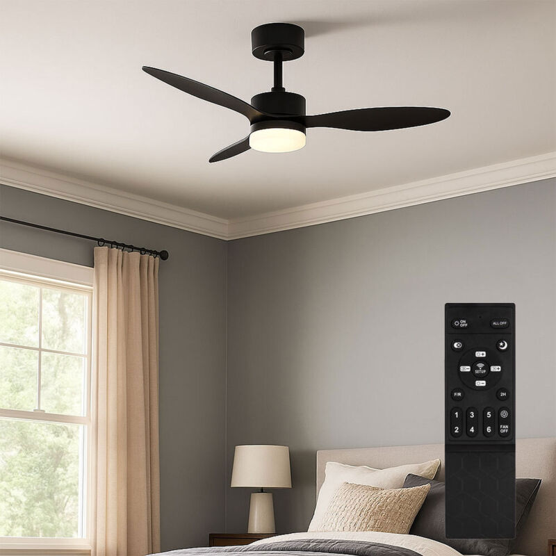 foto del prodotto ventilatore a soffitto a led con telecomando ventilatore a soffitto dimmerabile cct, 6 livelli, nero, 20w 800lm bianco caldo freddo, p 106 cm