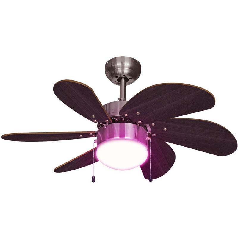 foto del prodotto ventilatore a soffitto con interruttore a tirare ventilatore avanti e indietro ventilatore a soffitto, legno marrone scuro, titanio, presa e14, dxh
