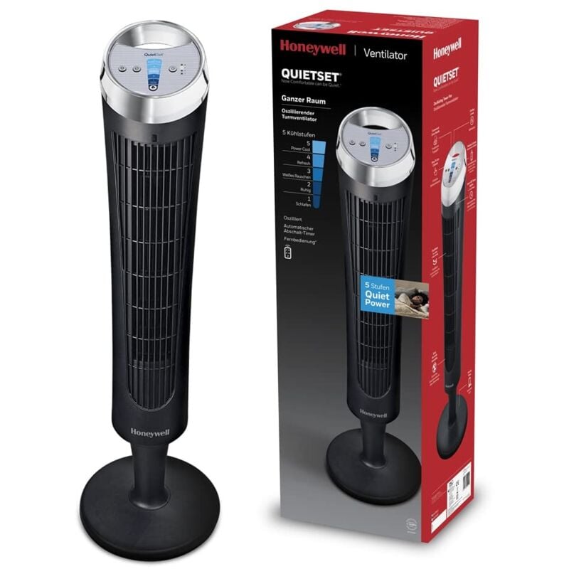 foto del prodotto ventilatore a torre honeywell quietset 5 impostazioni di velocità, rotazione a 75 , timer, telecomando a distanza hy254
