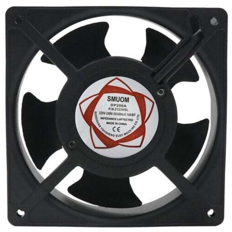 foto del prodotto ventilatore assiale per caminetto a cassetta, inseribile, alta temperatura, con pale metalliche, silenzioso e universale. dimensioni 120 x 120 x 38