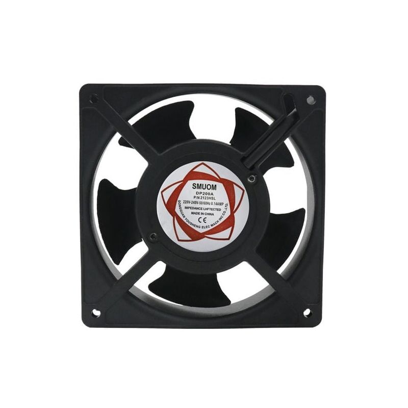foto del prodotto ventilatore assiale per caminetto tipo cassetta, inseribile, alta temperatura, pale metalliche, silenzioso e universale. 120x120x38mm. 