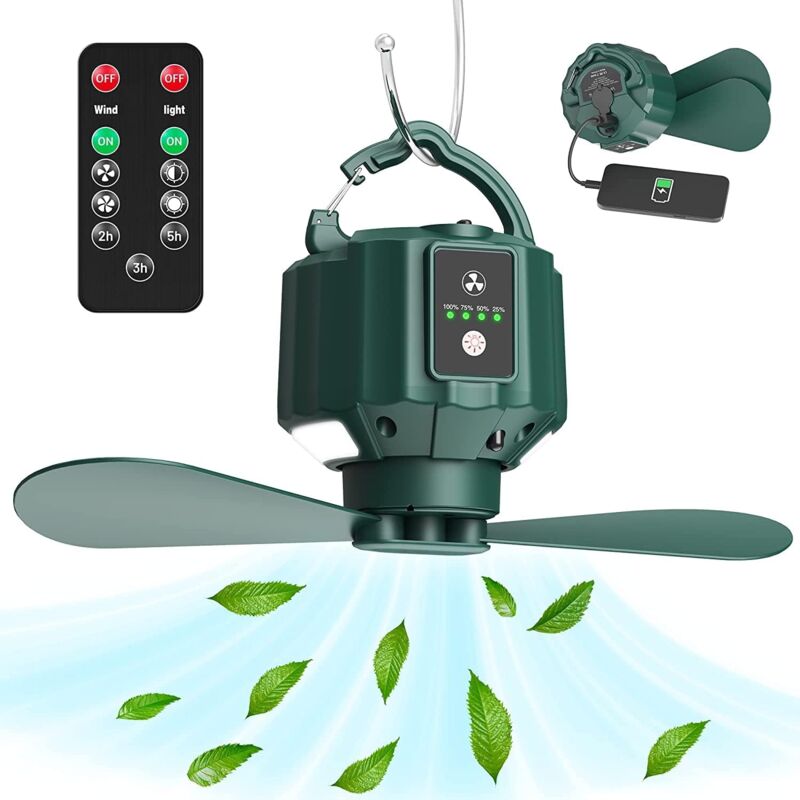 foto del prodotto ventilatore da campeggio con ricarica usb, ventilatore da campeggio portatile ricaricabile con telecomando , ventilatore da tenda con pale