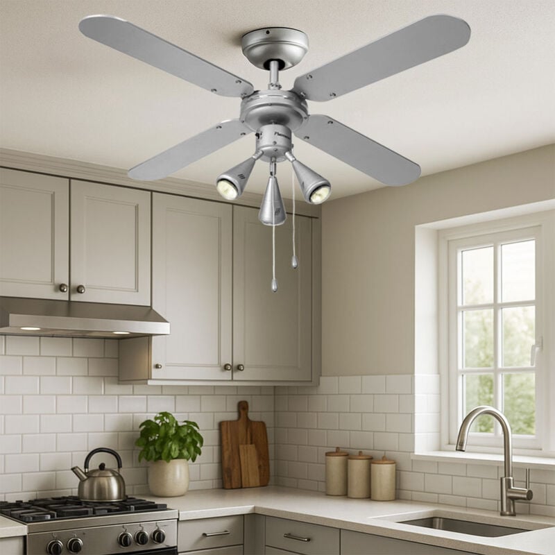 foto del prodotto ventilatore da soffitto a led con interruttore a fune ventilatore avanti indietro pale reversibili, spot mobili, legno grigio argento blu scuro, 3x
