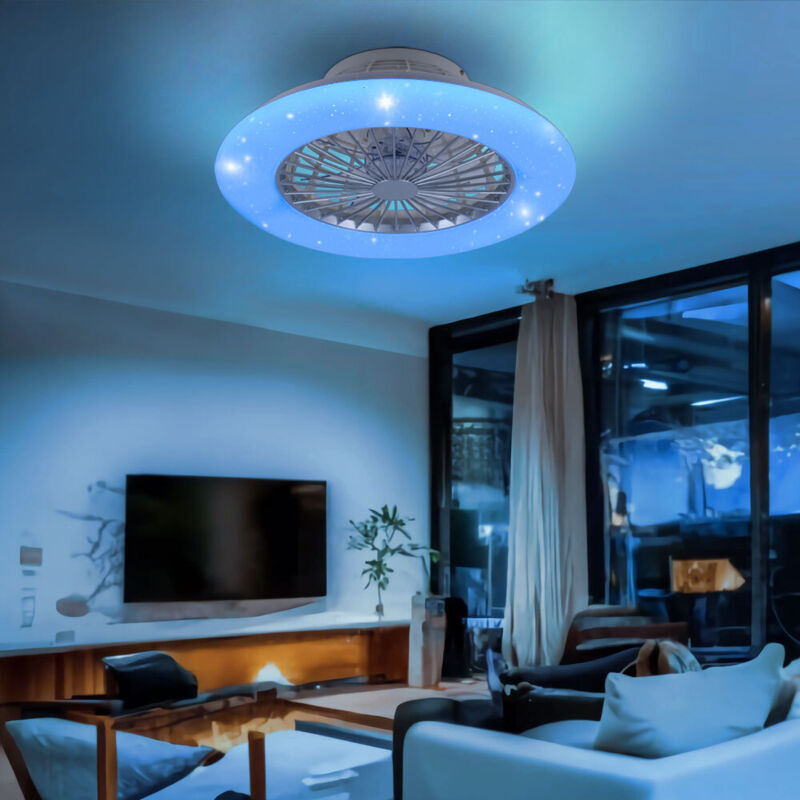 foto del prodotto ventilatore da soffitto con illuminazione e telecomando, plafoniera silenziosa con ventilatore e cambiacolori rgb, luce notturna dimmerabile cct, led