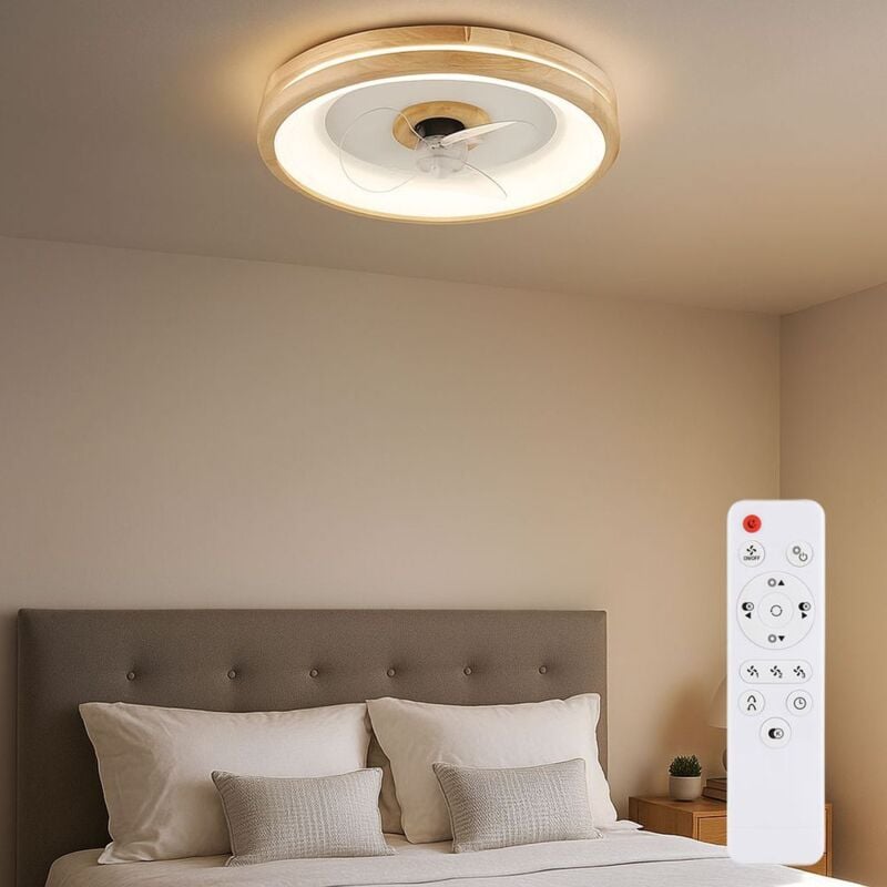 foto del prodotto ventilatore da soffitto con illuminazione telecomando dimmerabile plafoniera camera da letto lampada in legno, avanti indietro, 3 velocità, timer