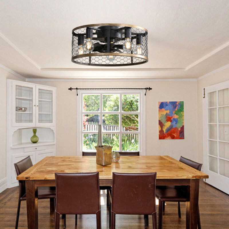 foto del prodotto ventilatore da soffitto con luce, 50,8x50,8x18cm, con telecomando, stile industriale, tipo gabbia, abs metallo, nero