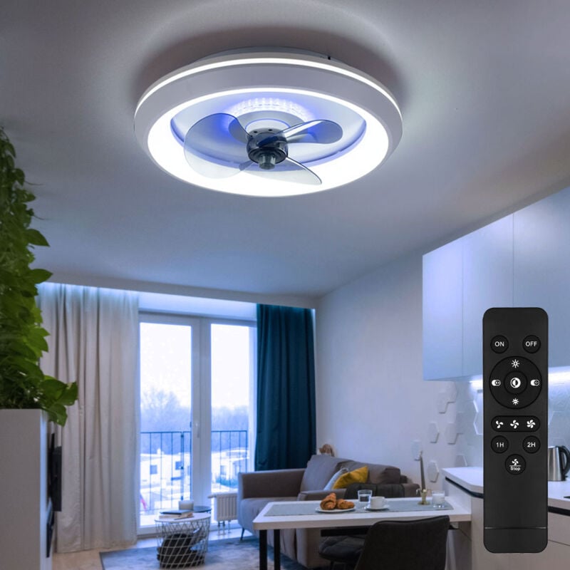 foto del prodotto ventilatore da soffitto con luce lampade con ventilatore ventilatore da soffitto con telecomando e led decorativo blu-bianco, timer cct dimmerabile,