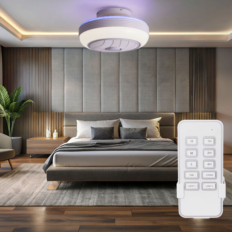 foto del prodotto ventilatore da soffitto con telecomando lampada da soffitto ventilatore per soggiorno, effetto legno nero metallo, timer cct, led, d 46 cm
